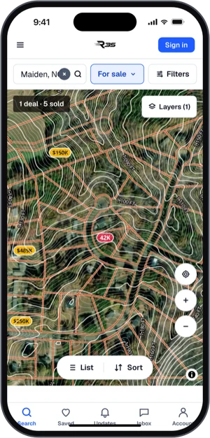 Lot lines and contour lines on the satellite map