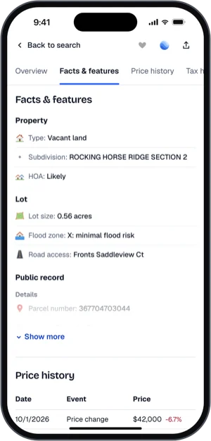 Lot facts: size, flood zone, road access, parcel number