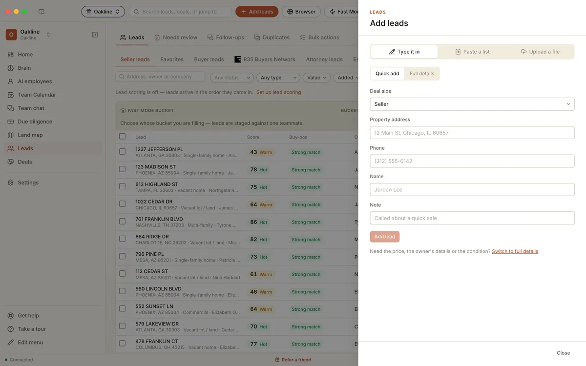 Adding a lead in R35: type it in, paste a list or upload a file