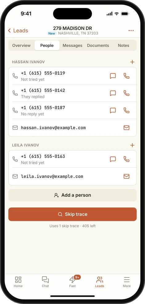 The People tab on a lead in the R35 iPhone app: owners' phone numbers and emails, and a Skip trace button