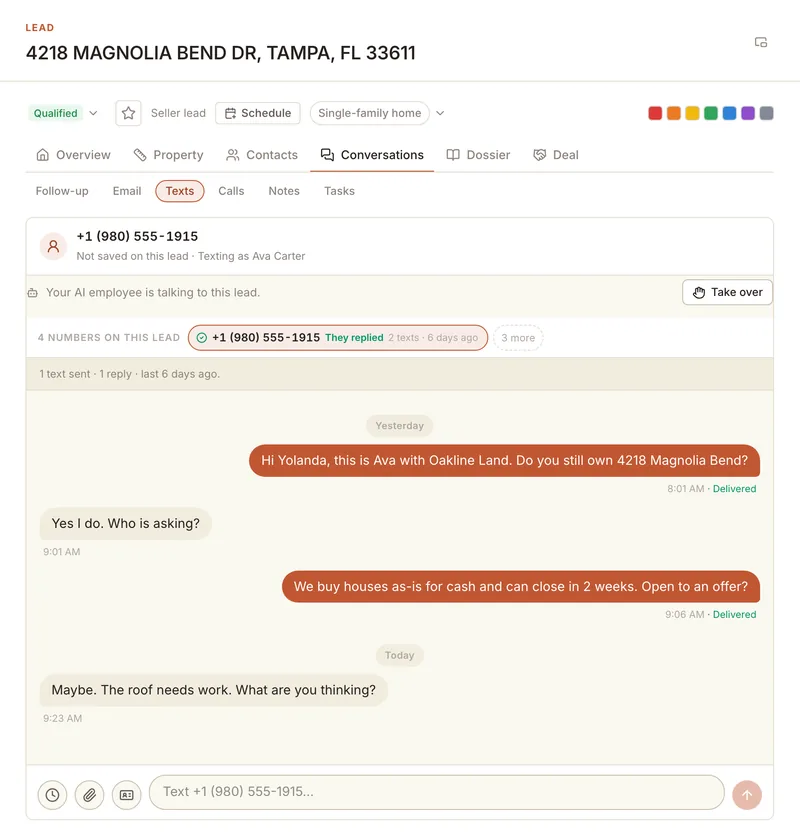 A text conversation with a seller on a lead in R35, with a Take over button